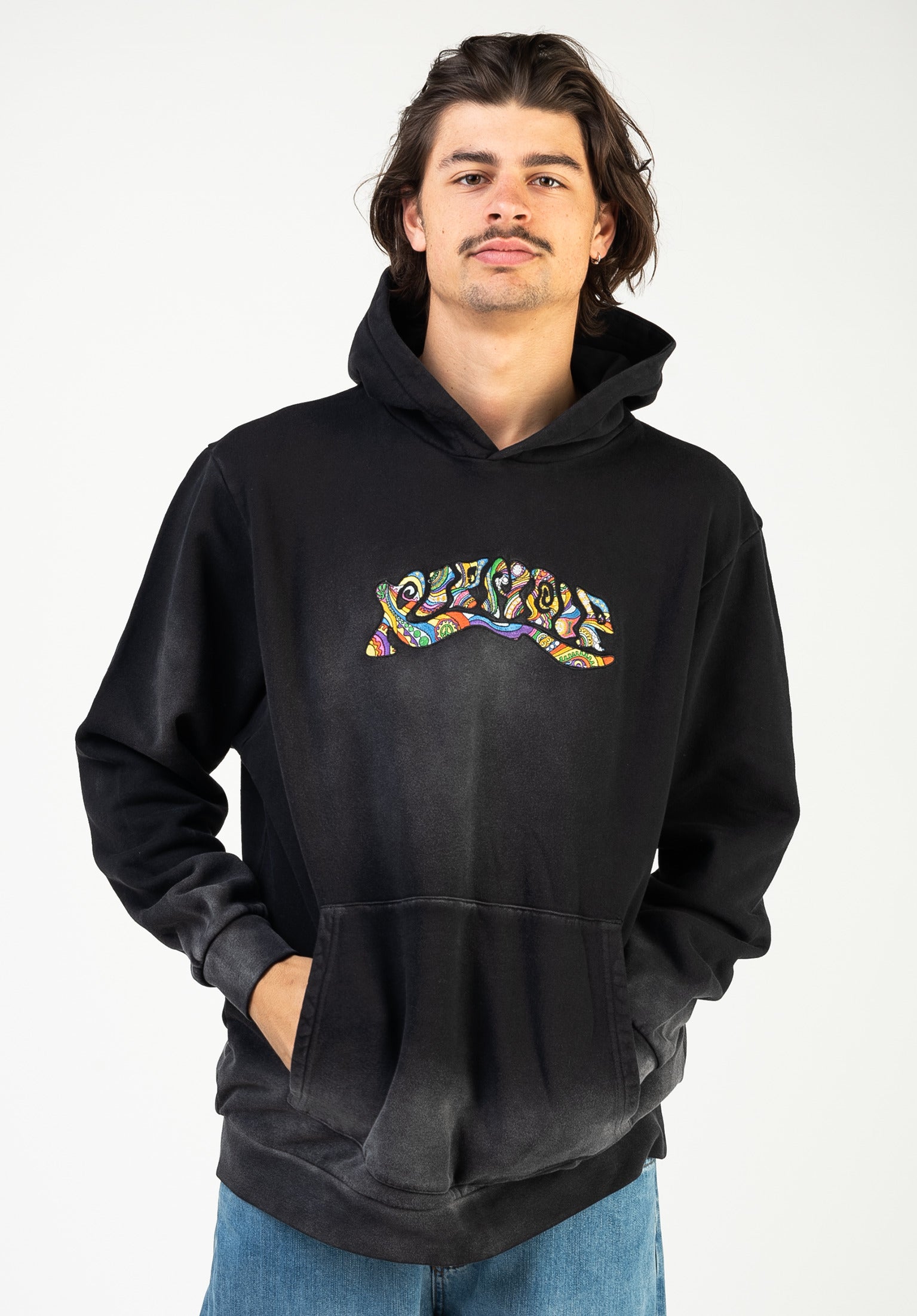 Tribe Embroidered Rip N Dip Hoodie in black cream fadeddye TITUS